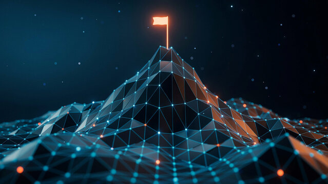 Low-poly digital mountain peak with a glowing orange flag at the summit, dark blue wireframe landscape with interconnected light nodes