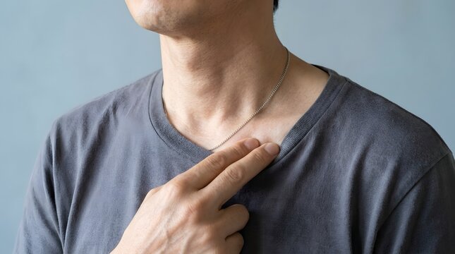 鎖骨や胸元の違和感を指で示す男性