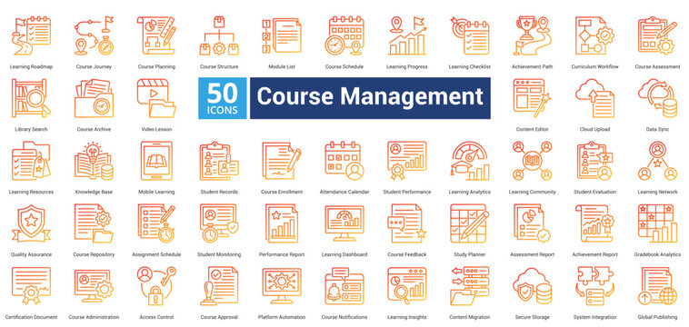 Course Management icon set in outline gradient style contains 50 icons including learning community, student evaluation, learning network, quality and course repository simple vector icon icon
