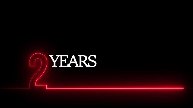 2 years anniversary neon sign glowing red text motion on black background