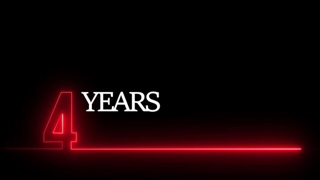 4 years anniversary neon text animation with glowing red number and minimalist