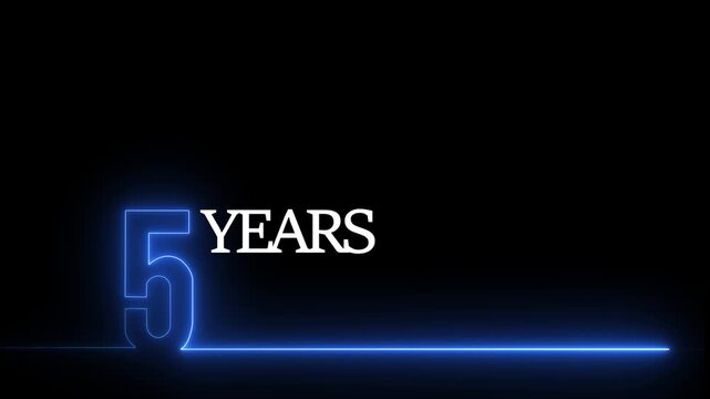5 years anniversary neon glowing text animation on black background