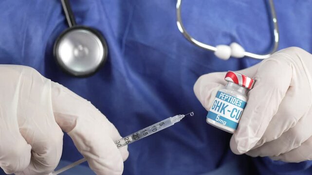 Gloved medical professional holds a GHK-CU peptide vial while drawing the solution into a syringe.