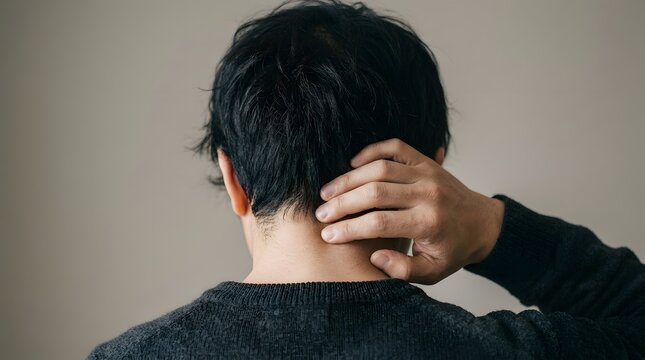 首の後ろを押さえて痛みに耐える男性の後後ろ姿