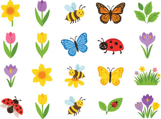 Naklejka premium Spring garden vector illustrations with cute bees butterflies flowers and ladybugs on transparent background.