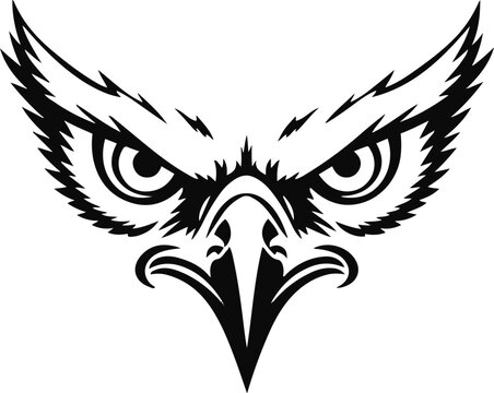 A single hawk head with sharp beak and fierce symmetrical eyes, ultra clean vector line art, bold black outline only, thick stroke, single object, minimalist, centered composition,1