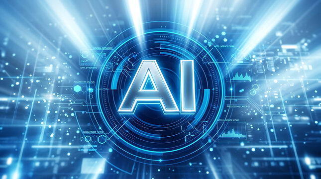 Glowing a i letters inside circular h u d interface with blue light beams artificial intelligence