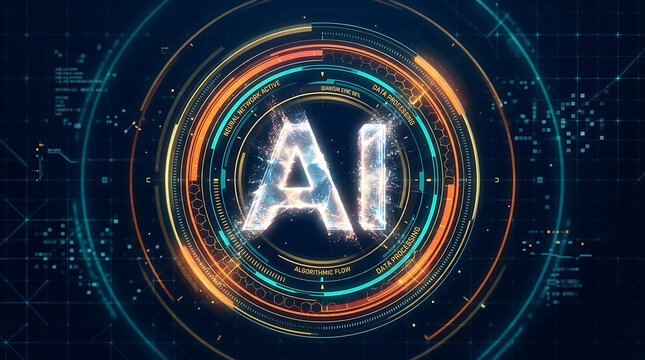 Glowing a i letters inside concentric digital rings with data streams artificial intelligence technology