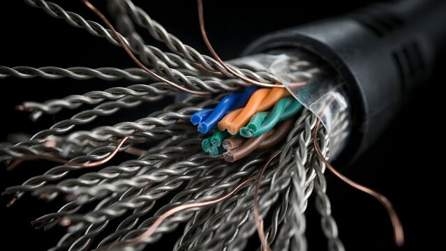 Close-up of a Multi-colored Telecom Data Cable with Inner Wires Exposed