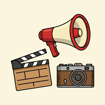 Film production set with megaphone camera and clapperboard.