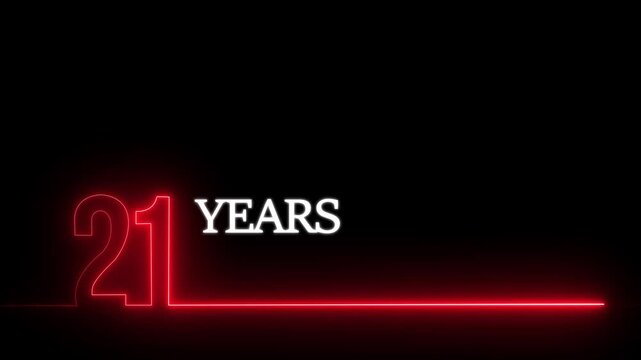 21 years anniversary neon glowing line text animation on black background