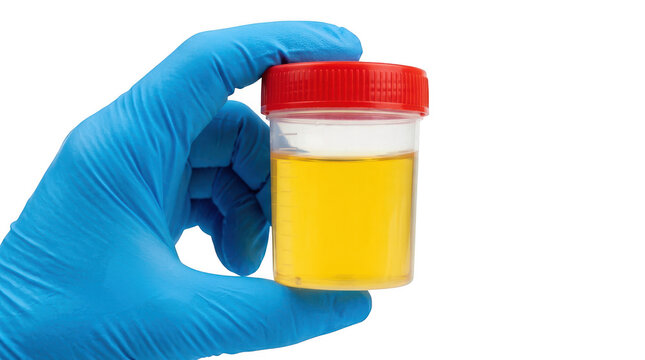 Hand in blue medical glove holding a urine sample container isolated on transparent background