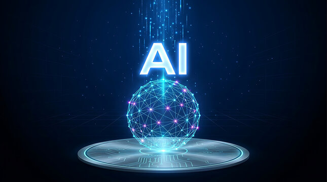 Glowing a i text above digital sphere on illuminated platform artificial intelligence technology