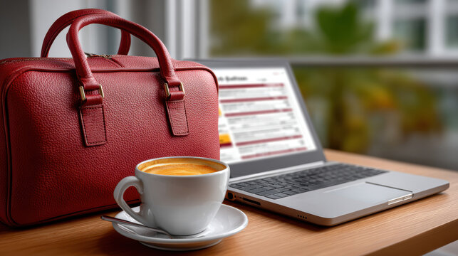 Business travel booking concept with laptop displaying fares, leather handbag and espresso cup on table for corporate trip preparation, expense planning and online reservation management