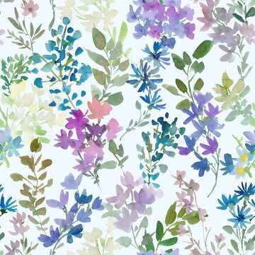 Watercolor floral seamless pattern with abstract hand-painted blue and purple wildflowers for fabric, wallpaper, and gift wrapping