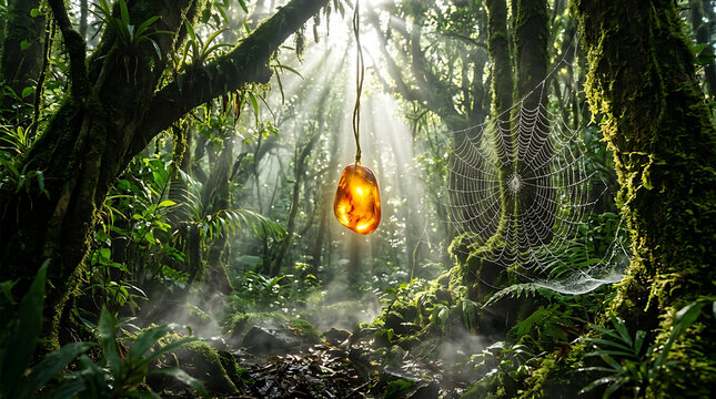 Glowing amber gem hangs in misty rainforest with sunbeams and spiderweb light