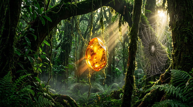 Glowing amber gem suspended in misty rainforest with sunbeams and spiderweb jewel crystal stone