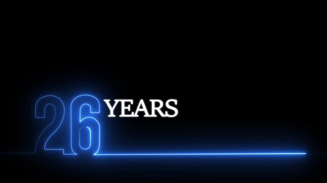26 years anniversary neon glowing line text animation on black background