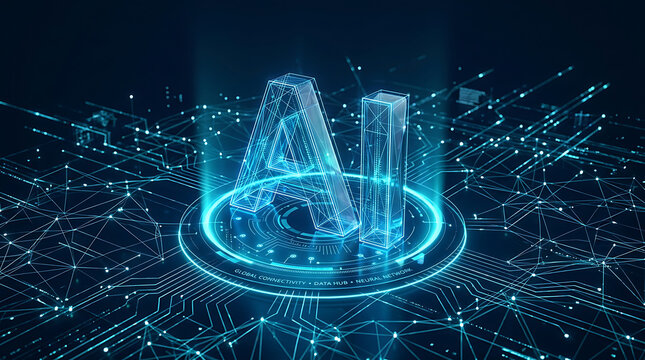 Glowing blue a i letters on digital circuit board with light particles artificial intelligence technology