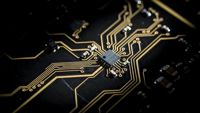 Close-up of electronic circuit board with gold-colored traces and components