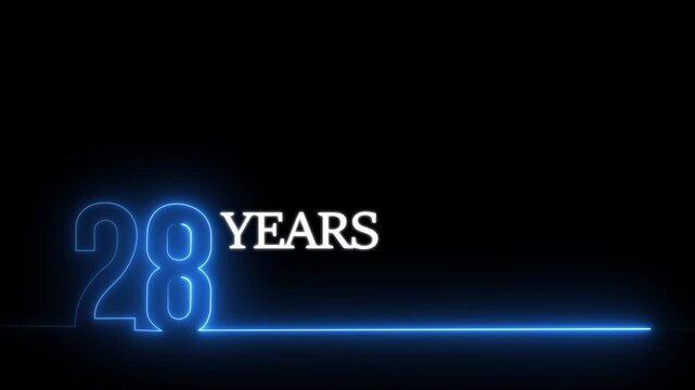 28 years anniversary neon glowing text animation with blue light effect