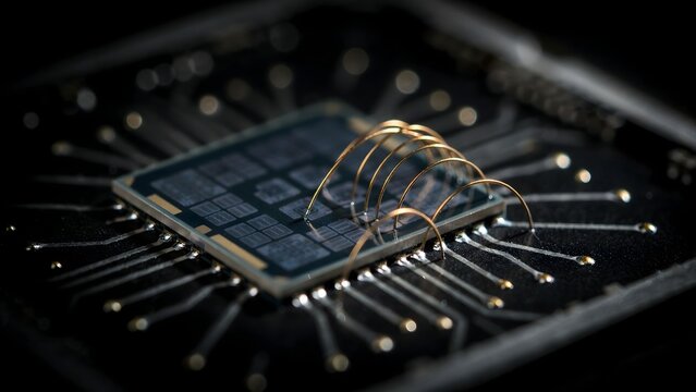 Close-up of a computer chip with gold wiring on circuit board