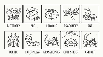 Naklejka premium Collection of cute cartoon insects and bugs with labels, perfect for children's educational materials.