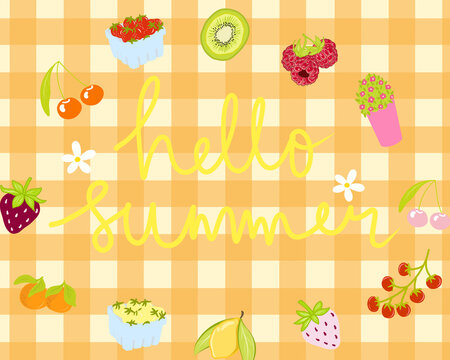 Yellow Gingham illustration textured with Hello Summer lettering over fruit and flower for high quality wallpaper background. hand drawn for printable or wrapping