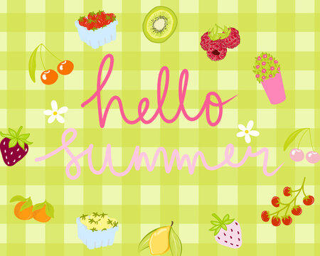 Yellow Gingham illustration textured with Hello Summer lettering over fruit and flower for high quality wallpaper background. hand drawn for printable or wrapping