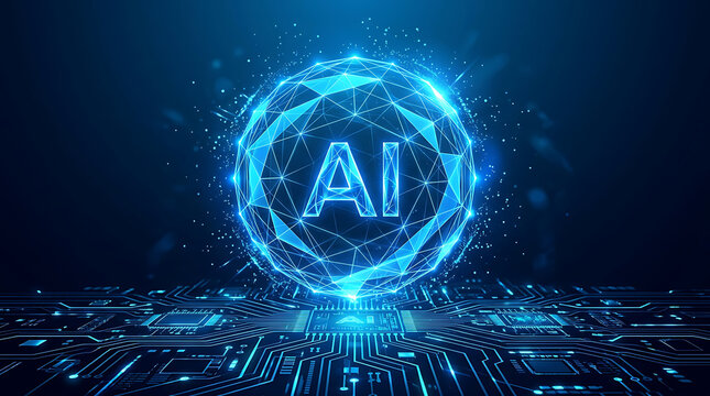 Glowing blue a i sphere on intricate digital circuit board background artificial intelligence technology