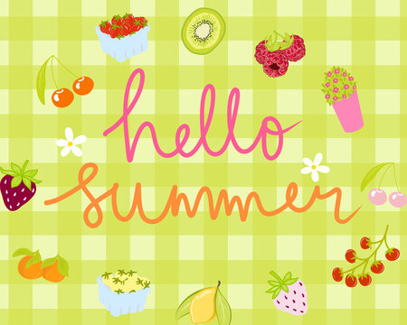Yellow Gingham illustration textured with Hello Summer lettering over fruit and flower for high quality wallpaper background. hand drawn for printable or wrapping
