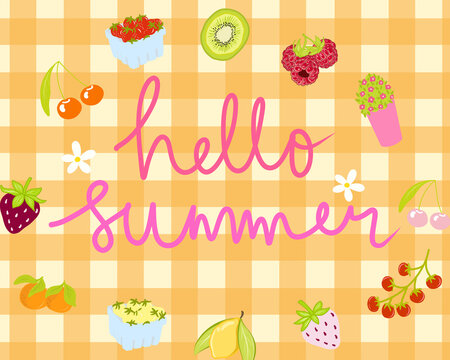 Yellow Gingham illustration textured with Hello Summer lettering over fruit and flower for high quality wallpaper background. hand drawn for printable or wrapping