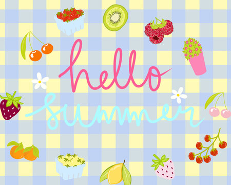 Blue Gingham illustration textured with Hello Summer lettering over fruit and flower for high quality wallpaper background. hand drawn for printable or wrapping