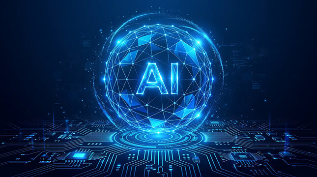 Glowing blue a i sphere over digital circuit board with glowing lines artificial intelligence technology
