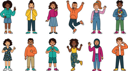 Vector set of diverse happy people characters featuring expressive young men and women in modern casual outfits
