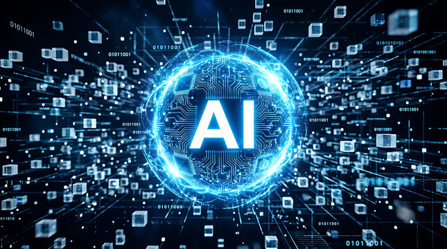 Glowing blue a i sphere with digital data streams and circuit board artificial intelligence technology