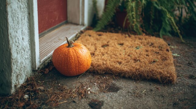 Pumpkin placed on a brown textured doormat sits by the threshold of a residential entrance door.