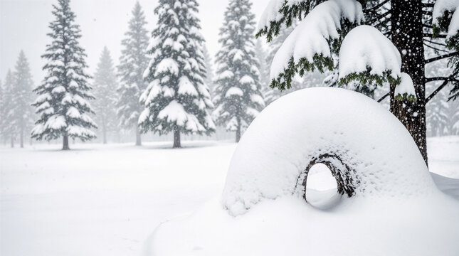 Snowy winter forest with fir trees and whimsical snow arch in foreground, creating magical Christmas and New Year holiday atmosphere