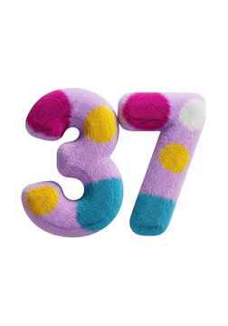 Number 37 made of soft colorful fuzzy pom pom texture