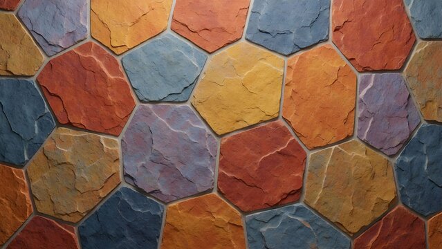 Vibrant multicolored stone tiles wall texture with geometric hexagonal shapes and natural rock patterns