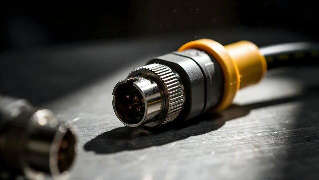 Close-up of an analog audio cable connector on dark textured surface