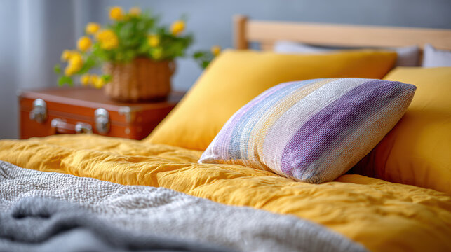 Bright yellow bedding with textured cushion and suitcase on a styled guest bed for boutique rental listing, vacation stay promotion, interior staging and hospitality marketing