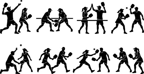 Obraz premium Set of black silhouettes showing people playing pickleball in different positions