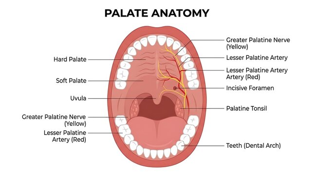 Anatomy of the human palate showing oral cavity and palatine structures