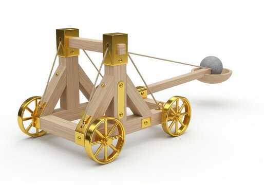 3D Rendering of a Medieval Wooden Catapult with Gold Accents and Stone Projectile Isolated on White Background