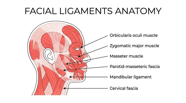 Facial ligaments anatomy diagram showing muscle structure and tissue layers