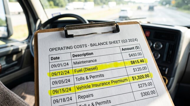 Clipboard with truck operating costs sheet inside vehicle cabin