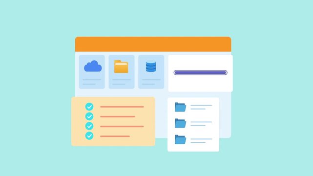 Minimal animated cloud dashboard interface featuring cloud storage, user profiles, document management, workflow panels, and task organization. Modern motion graphic for cloud computing, business prod