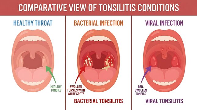 Comparative diagram of throat anatomy showing healthy tonsils versus tonsillitis
