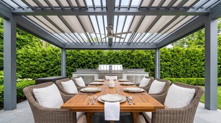 Fototapeta premium Modern outdoor dining area under wooden pergola with grill kitchen, backyard